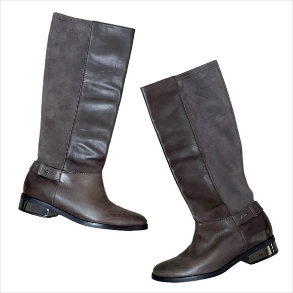 NEW Cole Haan Gray Leather & Suede Patchwork Adler Riding Boots Size 8 - Picture 1 of 7